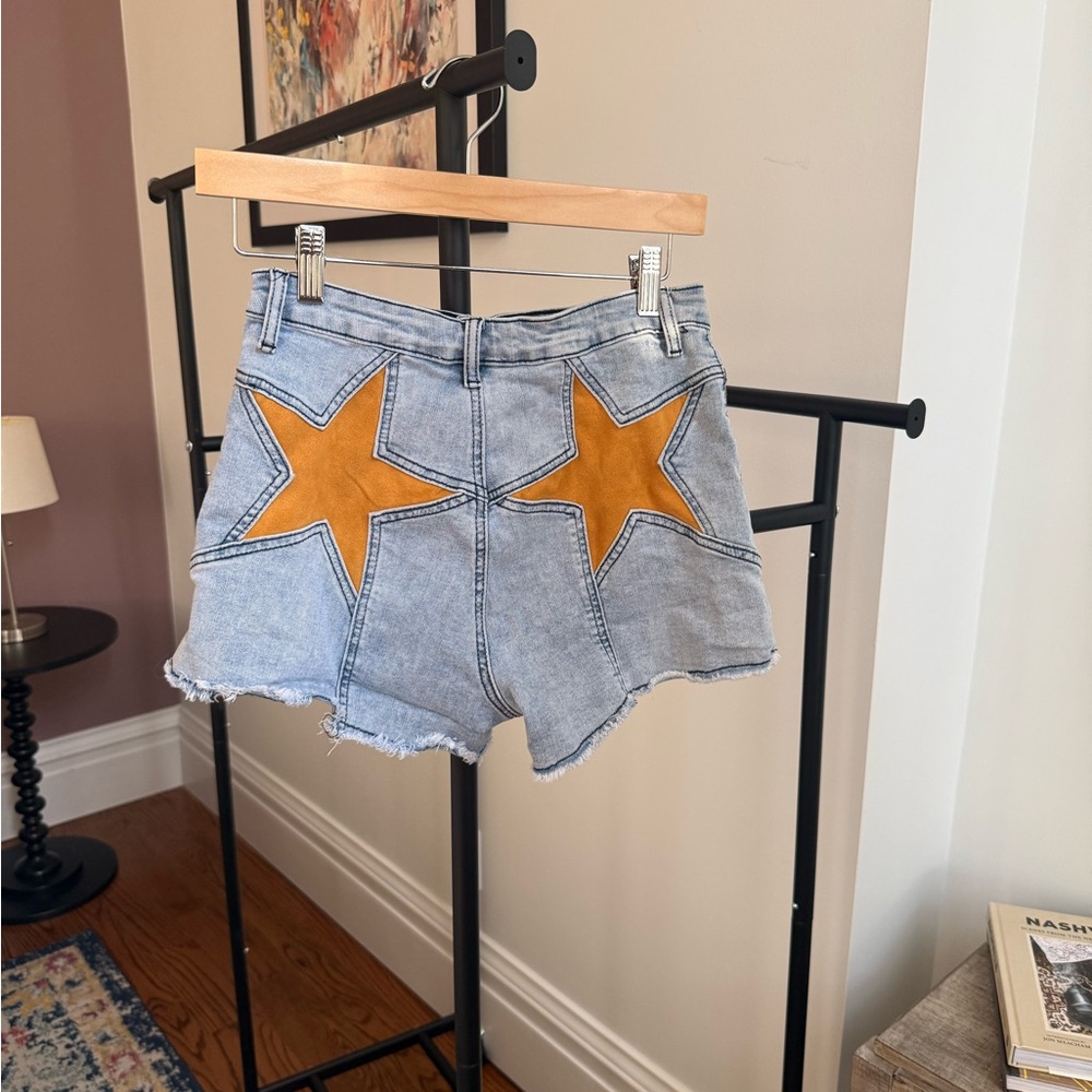 Women's Light Wash Denim Shorts with Star Patch